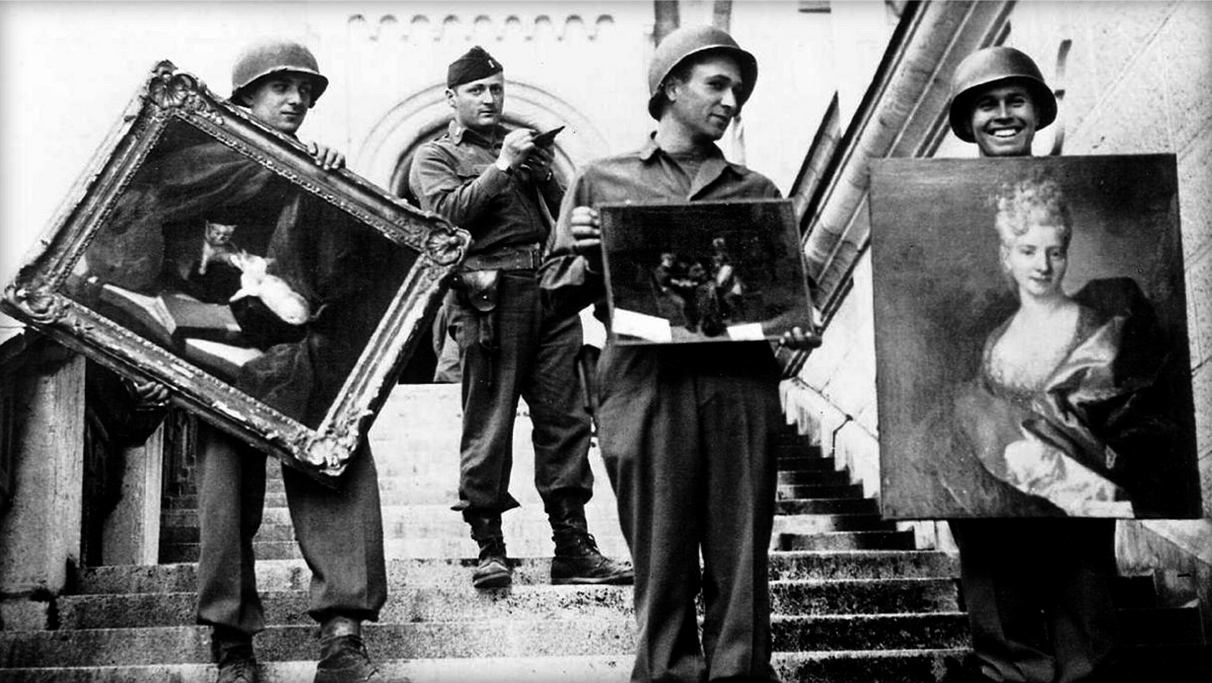 Monuments men who are retrieving stolen art from Neuschwanstein Castle near the end of WWII.